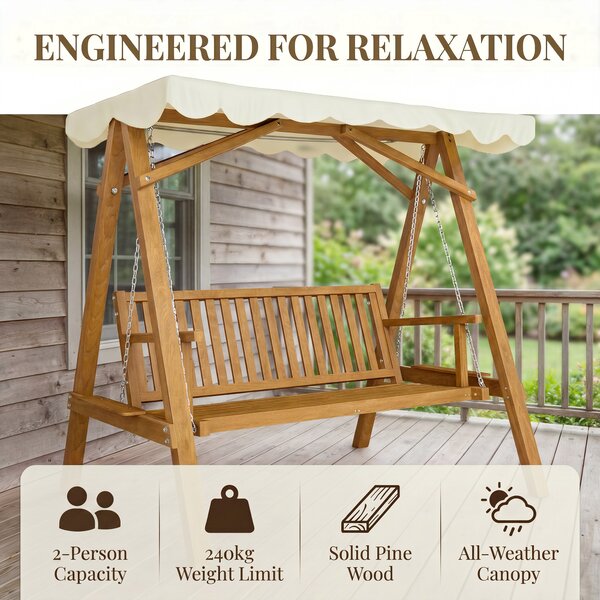 Outsunny 2 Seater Garden Swing Seat Wooden Swing Chair Outdoor Hammock Bench Furniture, Cream White