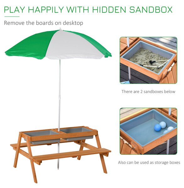 Outsunny Kids Picnic Table with Benches, Wooden Sand and Water Table, Adjustable Parasol, Storage Bins, for Kids 3-6 Years, Brown