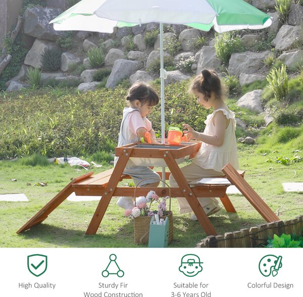 Outsunny Kids Picnic Table with Benches, Wooden Sand and Water Table, Adjustable Parasol, Storage Bins, for Kids 3-6 Years, Brown