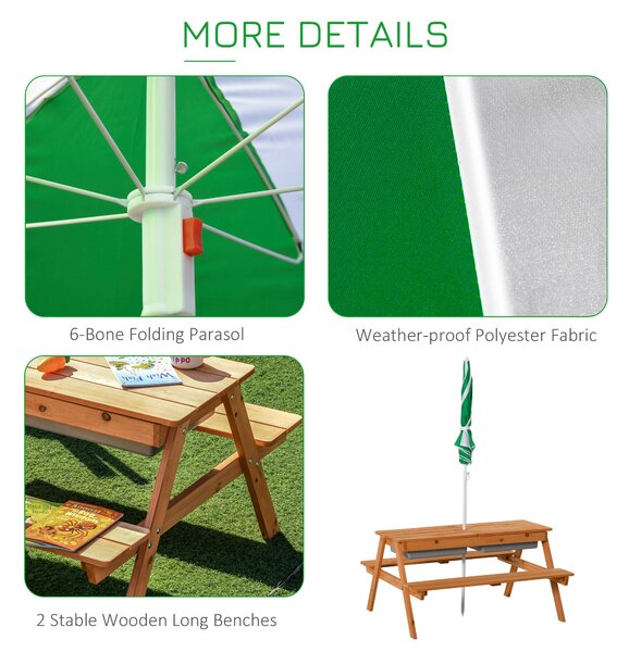 Outsunny Kids Picnic Table with Benches, Wooden Sand and Water Table, Adjustable Parasol, Storage Bins, for Kids 3-6 Years, Brown