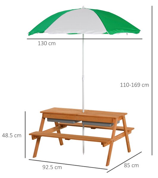 Outsunny Kids Picnic Table with Benches, Wooden Sand and Water Table, Adjustable Parasol, Storage Bins, for Kids 3-6 Years, Brown