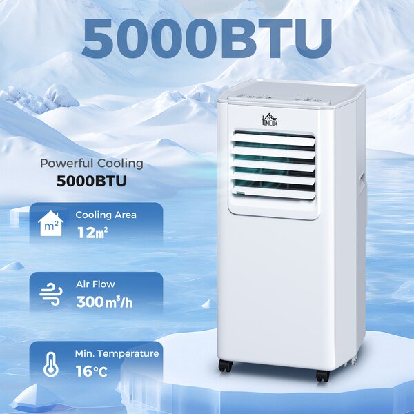 HOMCOM 5000 BTU 4-In-1 Compact Portable Mobile Air Conditioner Unit Cooling Dehumidifying Ventilating w/ LED Timer Auto Shut-down White Aosom UK