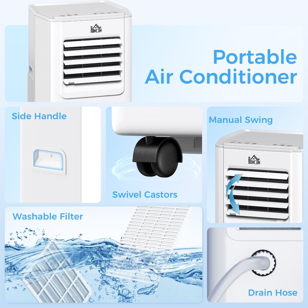 HOMCOM 5000 BTU 4-In-1 Compact Portable Mobile Air Conditioner Unit Cooling Dehumidifying Ventilating w/ LED Timer Auto Shut-down White Aosom UK