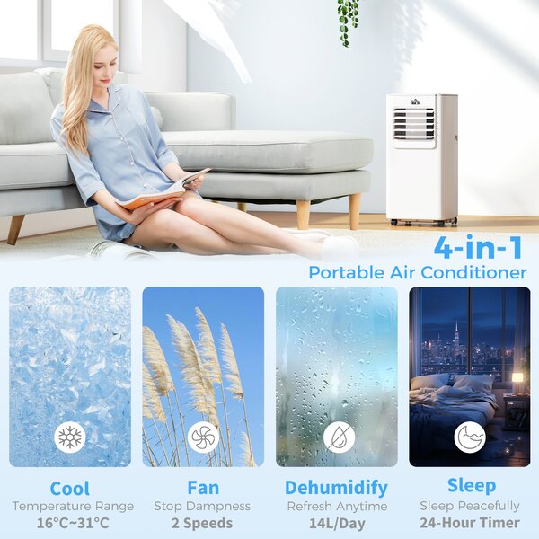 HOMCOM 5000 BTU 4-In-1 Compact Portable Mobile Air Conditioner Unit Cooling Dehumidifying Ventilating w/ LED Timer Auto Shut-down White Aosom UK