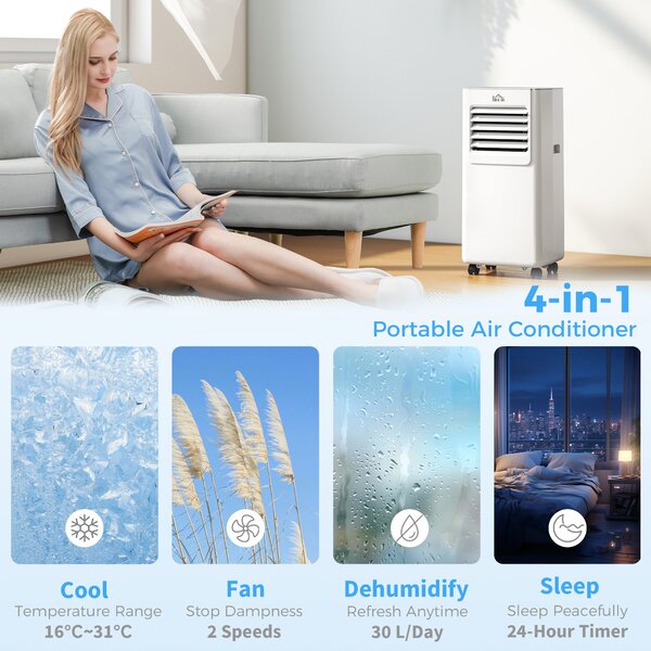 HOMCOM 7000 BTU Mobile Air Conditioner Portable AC Unit for Cooling Dehumidifying Ventilating w/ Remote Controller, LED Display for Bedroom Aosom UK