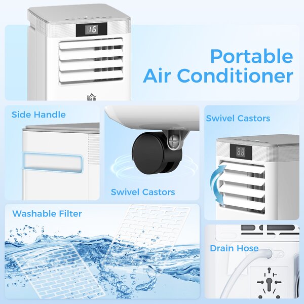 HOMCOM 7000 BTU Mobile Air Conditioner Portable AC Unit for Cooling Dehumidifying Ventilating w/ Remote Controller, LED Display, Timer Aosom UK