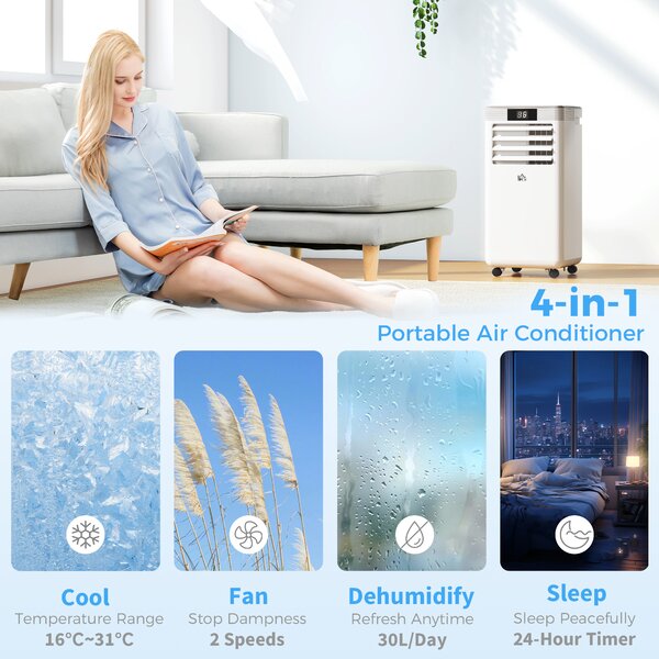 HOMCOM 7000 BTU Mobile Air Conditioner Portable AC Unit for Cooling Dehumidifying Ventilating w/ Remote Controller, LED Display, Timer Aosom UK