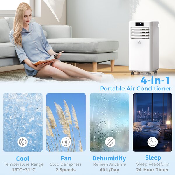 HOMCOM 10000 BTU Air Conditioner Portable AC Unit for Cooling Dehumidifying Ventilating with Remote Controller, LED Display, Timer, White Aosom UK