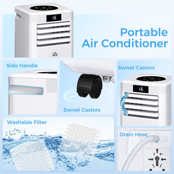 HOMCOM 10000 BTU Air Conditioner Portable AC Unit for Cooling Dehumidifying Ventilating with Remote Controller, LED Display, Timer, White Aosom UK