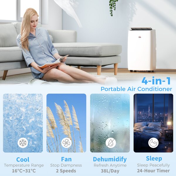 HOMCOM 12,000 BTU Portable Air Conditioner Dehumidifier Cooling Fan for Room up to 25m², w/ Remote, LED Display, Window Mount Kit, White Aosom UK