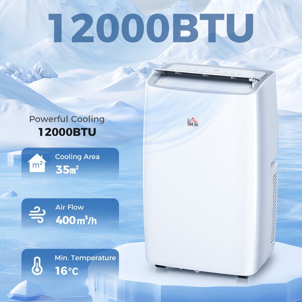 HOMCOM 12,000 BTU Portable Air Conditioner Dehumidifier Cooling Fan for Room up to 25m², w/ Remote, LED Display, Window Mount Kit, White Aosom UK