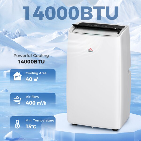 HOMCOM 14,000 BTU Portable Air Conditioner Dehumidifier Cooling Fan up to 40m², w/ Remote, LED Display, 24H Timer, Window Mount Kit, White Aosom UK