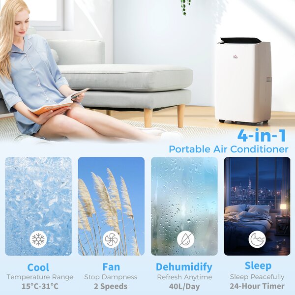 HOMCOM 14,000 BTU Portable Air Conditioner Dehumidifier Cooling Fan up to 40m², w/ Remote, LED Display, 24H Timer, Window Mount Kit, White Aosom UK