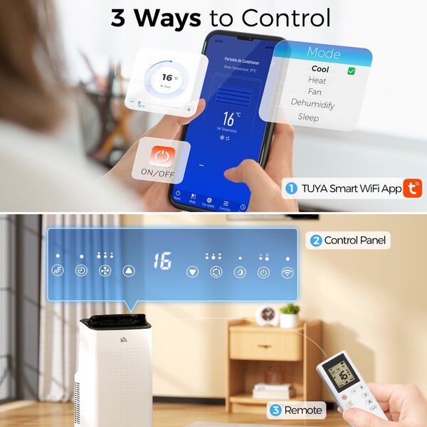 HOMCOM 12,000 BTU Mobile Air Conditioner for Room up to 26m², Smart Home WiFi Compatible, with Dehumidifier, Fan, 24H Timer Aosom UK