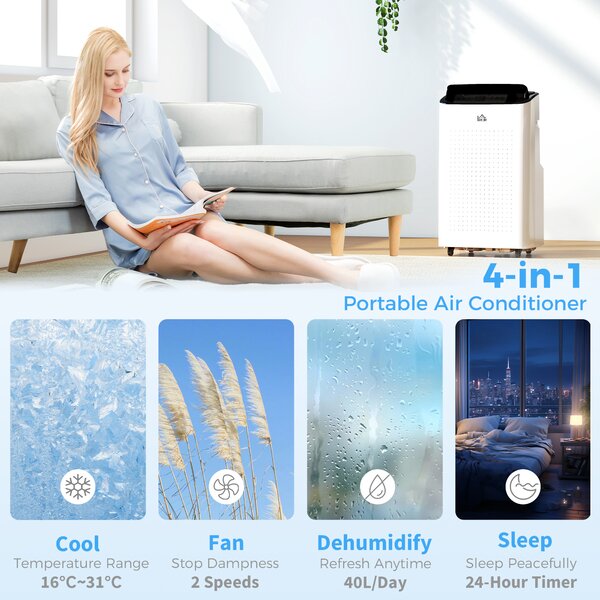 HOMCOM 12,000 BTU Mobile Air Conditioner for Room up to 26m², Smart Home WiFi Compatible, with Dehumidifier, Fan, 24H Timer Aosom UK