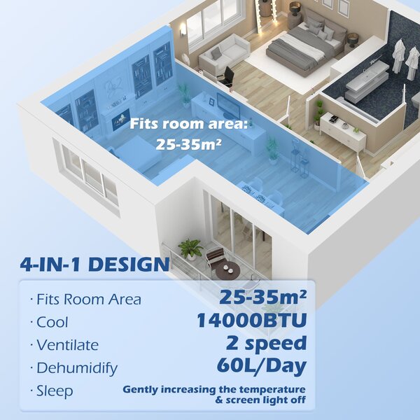 HOMCOM 14,000 BTU Mobile Air Conditioner, 35m², Smart Home WiFi, with Dehumidifier, Fan, 24H Timer, Window Kit, Black Aosom UK
