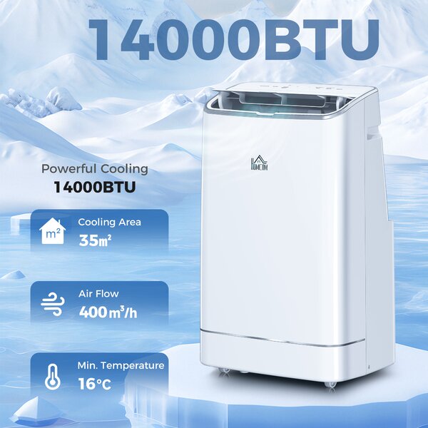 HOMCOM 14,000 BTU Mobile Air Conditioner, 35m², Smart Home WiFi, with Dehumidifier, Fan, 24H Timer, Window Kit, White Aosom UK