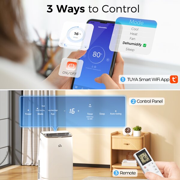 HOMCOM 14,000 BTU Mobile Air Conditioner, 35m², Smart Home WiFi, with Dehumidifier, Fan, 24H Timer, Window Kit, White Aosom UK