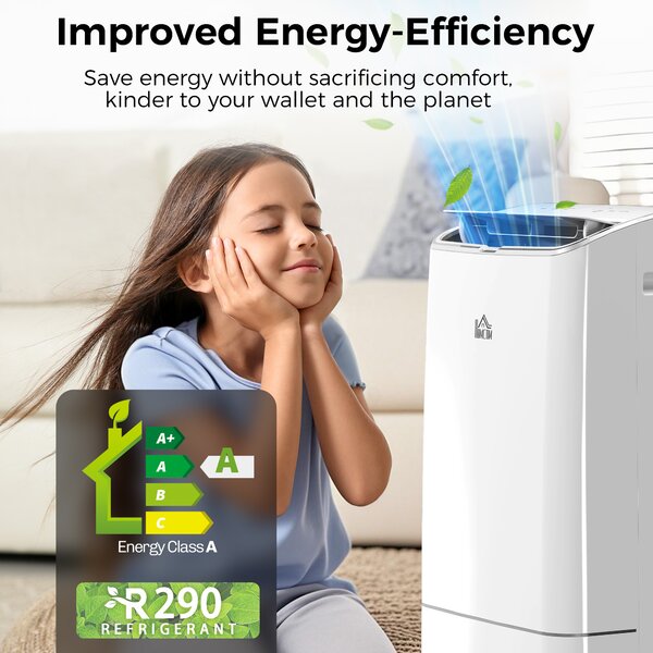 HOMCOM 14,000 BTU Mobile Air Conditioner, 35m², Smart Home WiFi, with Dehumidifier, Fan, 24H Timer, Window Kit, White Aosom UK