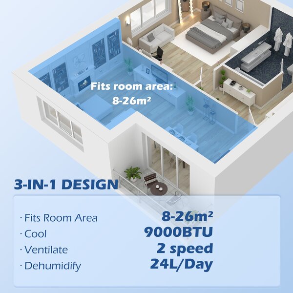 HOMCOM 7,000 BTU Mobile Air Conditioner for Room up to 26m², with Dehumidifier, 24H Timer, Wheels, Window Mount Kit Aosom UK