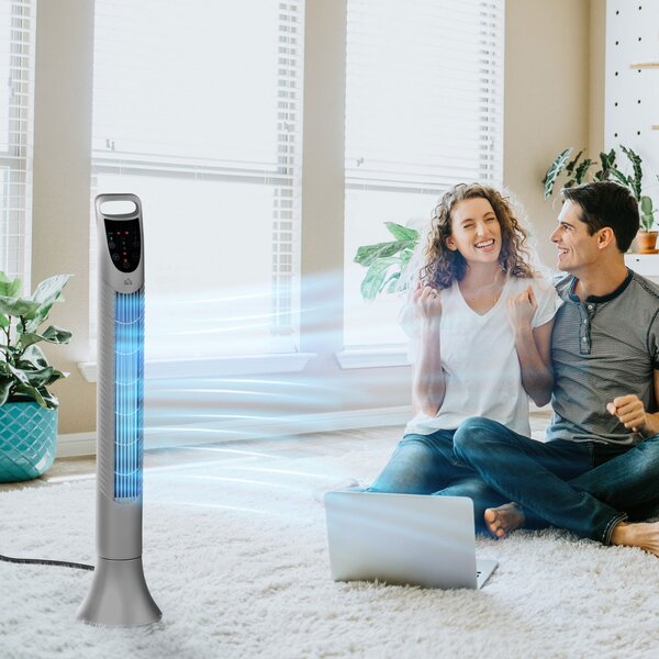 HOMCOM 36'' Freestanding Tower Fan, 3 Speed 3 Mode, 7.5h Timer, 70 Degree Oscillation, LED Panel, 5M Remote Controller, Silver Aosom UK