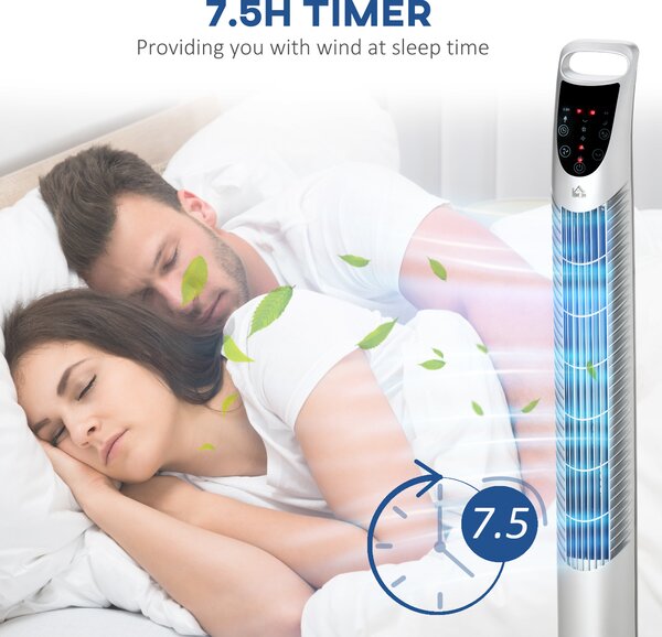 HOMCOM 36'' Freestanding Tower Fan, 3 Speed 3 Mode, 7.5h Timer, 70 Degree Oscillation, LED Panel, 5M Remote Controller, Silver Aosom UK