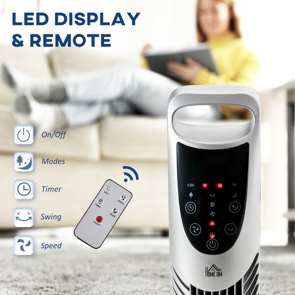 HOMCOM 36'' Freestanding Tower Fan, 3 Speed 3 Mode, 7.5h Timer, 70 Degree Oscillation, LED Panel, 5M Remote Controller, Silver Aosom UK