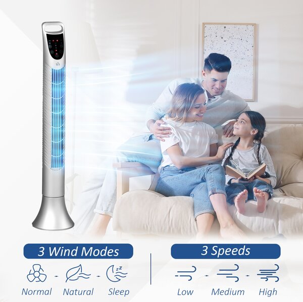 HOMCOM 36'' Freestanding Tower Fan, 3 Speed 3 Mode, 7.5h Timer, 70 Degree Oscillation, LED Panel, 5M Remote Controller, Silver Aosom UK