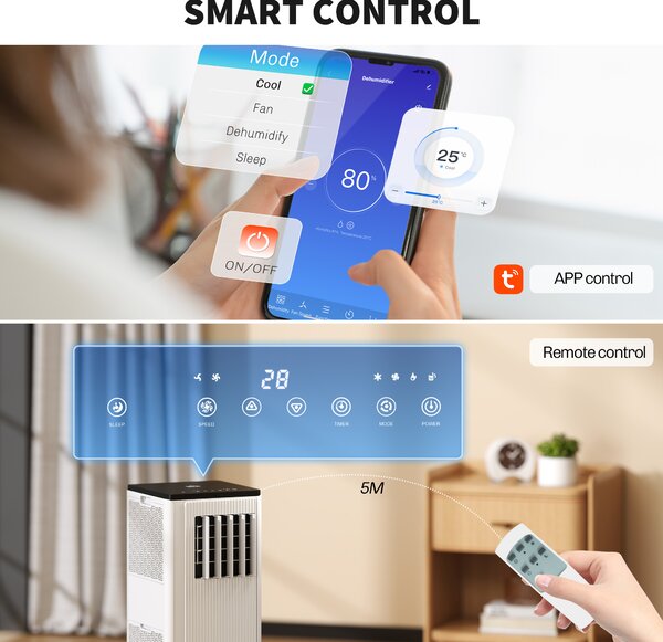 HOMCOM Smart WiFi Air Conditioner: 7000 BTU Cooling for 15m² Rooms, Dehumidifier & Fan Functions, 24-Hour Timer, White Aosom UK