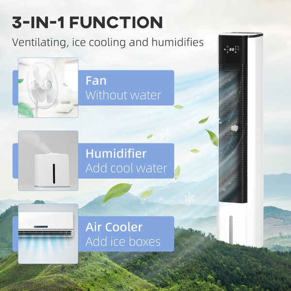 HOMCOM Portable Air Cooler 42", Evaporative Ice Cooling Fan, Humidifier, Water Conditioner w/ 3 Modes, Remote Control, Timer, White Aosom UK