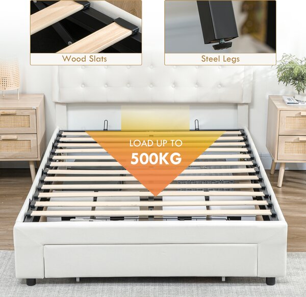 HOMCOM Double Ottoman Bed Frame, with Front Drawer - Cream