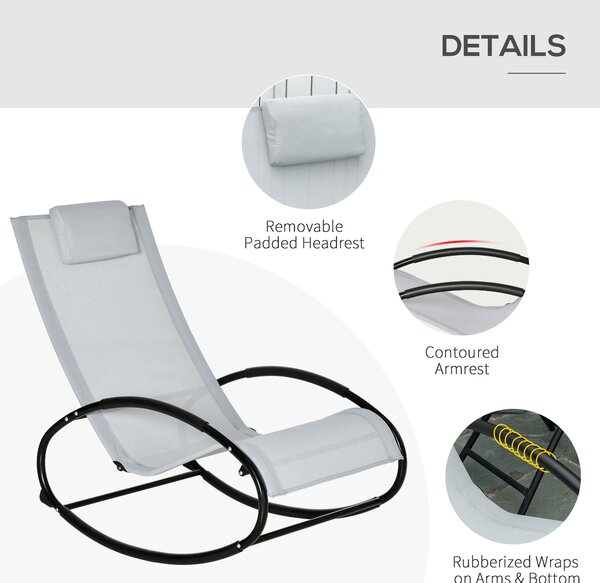 Outsunny Outdoor Rocking Chair Sun Lounger Recliner Rocker with Texteline Fabric Patio Garden Relaxer with Pillow Grey