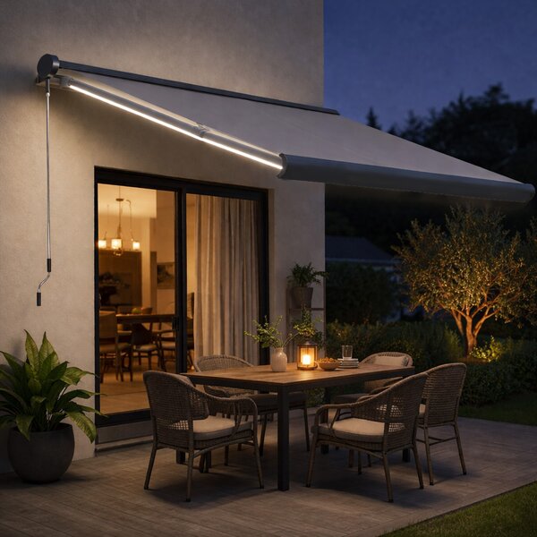 Outsunny 3.5 x 3m Electric Retractable Awning Cassette Case for Patio Waterproof Sun Shade with Remote Controller & LED Light, Grey Aosom UK