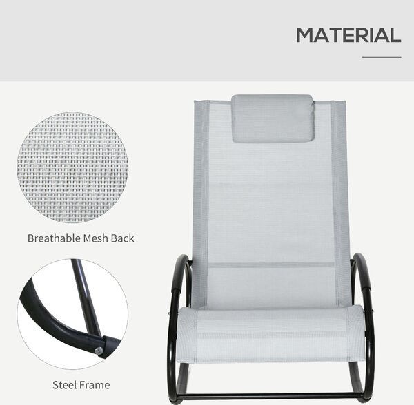 Outsunny Outdoor Rocking Chair Sun Lounger Recliner Rocker with Texteline Fabric Patio Garden Relaxer with Pillow Grey