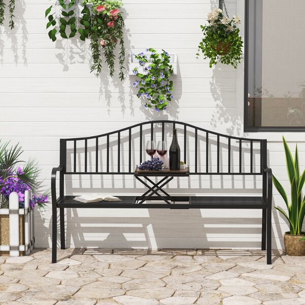 Outsunny Outdoor Metal Frame Bench Patio Park Garden Seating Chair with Foldable Middle Table Aosom UK