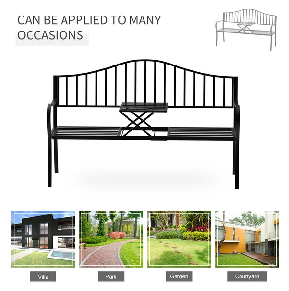 Outsunny Outdoor Metal Frame Bench Patio Park Garden Seating Chair with Foldable Middle Table Aosom UK