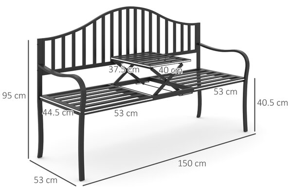 Outsunny Outdoor Metal Frame Bench Patio Park Garden Seating Chair with Foldable Middle Table Aosom UK