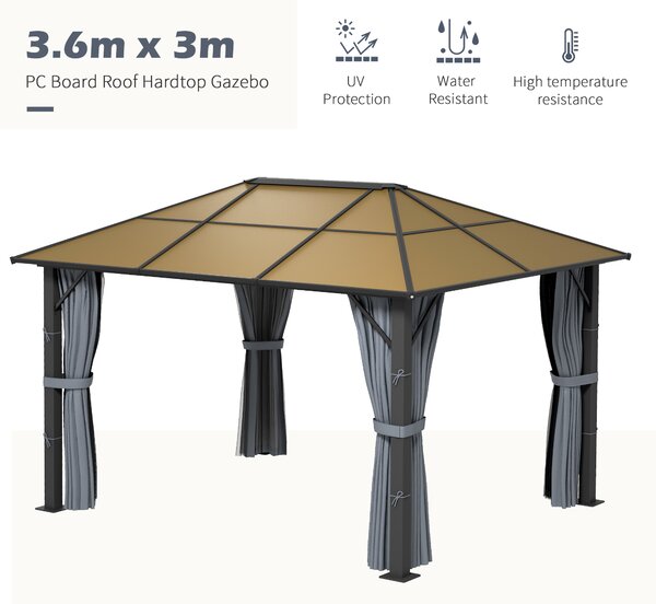 Outsunny 3 x 3.6m Garden Aluminium Gazebo Hardtop Roof Canopy Marquee Party Tent Patio with Mesh Curtains & Side Walls - Grey Aosom UK