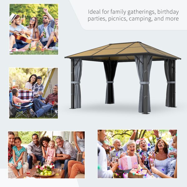 Outsunny 3 x 3.6m Garden Aluminium Gazebo Hardtop Roof Canopy Marquee Party Tent Patio with Mesh Curtains & Side Walls - Grey Aosom UK