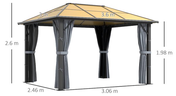 Outsunny 3 x 3.6m Garden Aluminium Gazebo Hardtop Roof Canopy Marquee Party Tent Patio with Mesh Curtains & Side Walls - Grey Aosom UK