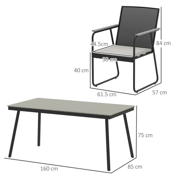 Outsunny 6 Seater Garden Dining Set with Soft Cushions, Rattan Backrest, Rectangular Plastic Top, Garden Furniture Set, Outdoor Dining Table and Chairs for Patio, Balcony, Poolside, Grey