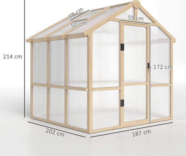 Outsunny 6.6 x 6ft Polycarbonate Greenhouse, Walk-in Wooden Greenhouse with Lockable Door and Window, Garden Plants Grow House, Brown