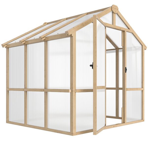 Outsunny 6.6 x 6ft Polycarbonate Greenhouse, Walk-in Wooden Greenhouse with Lockable Door and Window, Garden Plants Grow House, Brown