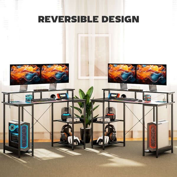 HOMCOM Computer Desk with Power Outlets & LED Lights, 120 x 50cm Reversible Home Office Desk with Monitor Stand, Cable Management, Black