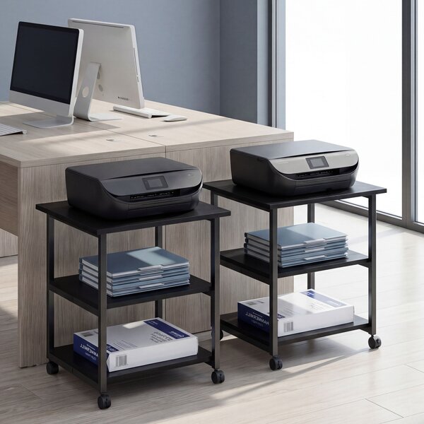 HOMCOM 3-Tier Printer Stand with Storage Shelf, Mobile Printer Table on Wheels, 50 x 50 x 52.5cm Rolling Printer Cart for Office, Black Aosom UK