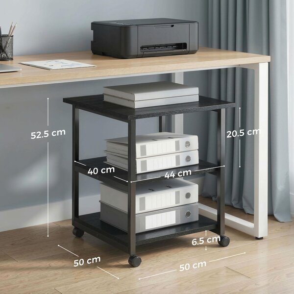HOMCOM 3-Tier Printer Stand with Storage Shelf, Mobile Printer Table on Wheels, 50 x 50 x 52.5cm Rolling Printer Cart for Office, Black Aosom UK