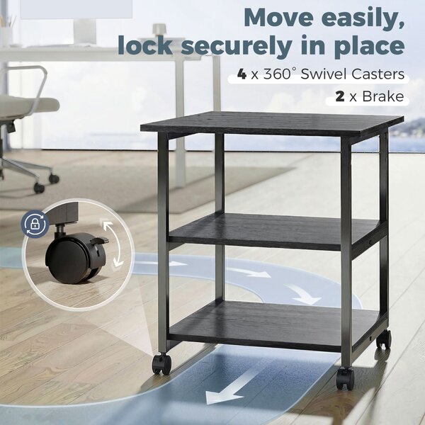 HOMCOM 3-Tier Printer Stand with Storage Shelf, Mobile Printer Table on Wheels, 50 x 50 x 52.5cm Rolling Printer Cart for Office, Black Aosom UK
