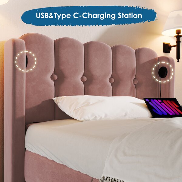 Upholstered Single Bed with USB and Type-C Charging Ports, Velvet Bed Frame with Wooden Slats for Teen Bedroom, 197L x 103W x 103H cm, Pink Aosom UK