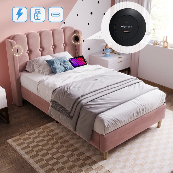 Upholstered Single Bed with USB and Type-C Charging Ports, Velvet Bed Frame with Wooden Slats for Teen Bedroom, 197L x 103W x 103H cm, Pink Aosom UK