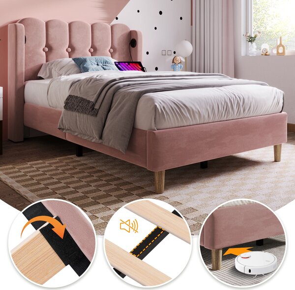 Upholstered Single Bed with USB and Type-C Charging Ports, Velvet Bed Frame with Wooden Slats for Teen Bedroom, 197L x 103W x 103H cm, Pink Aosom UK